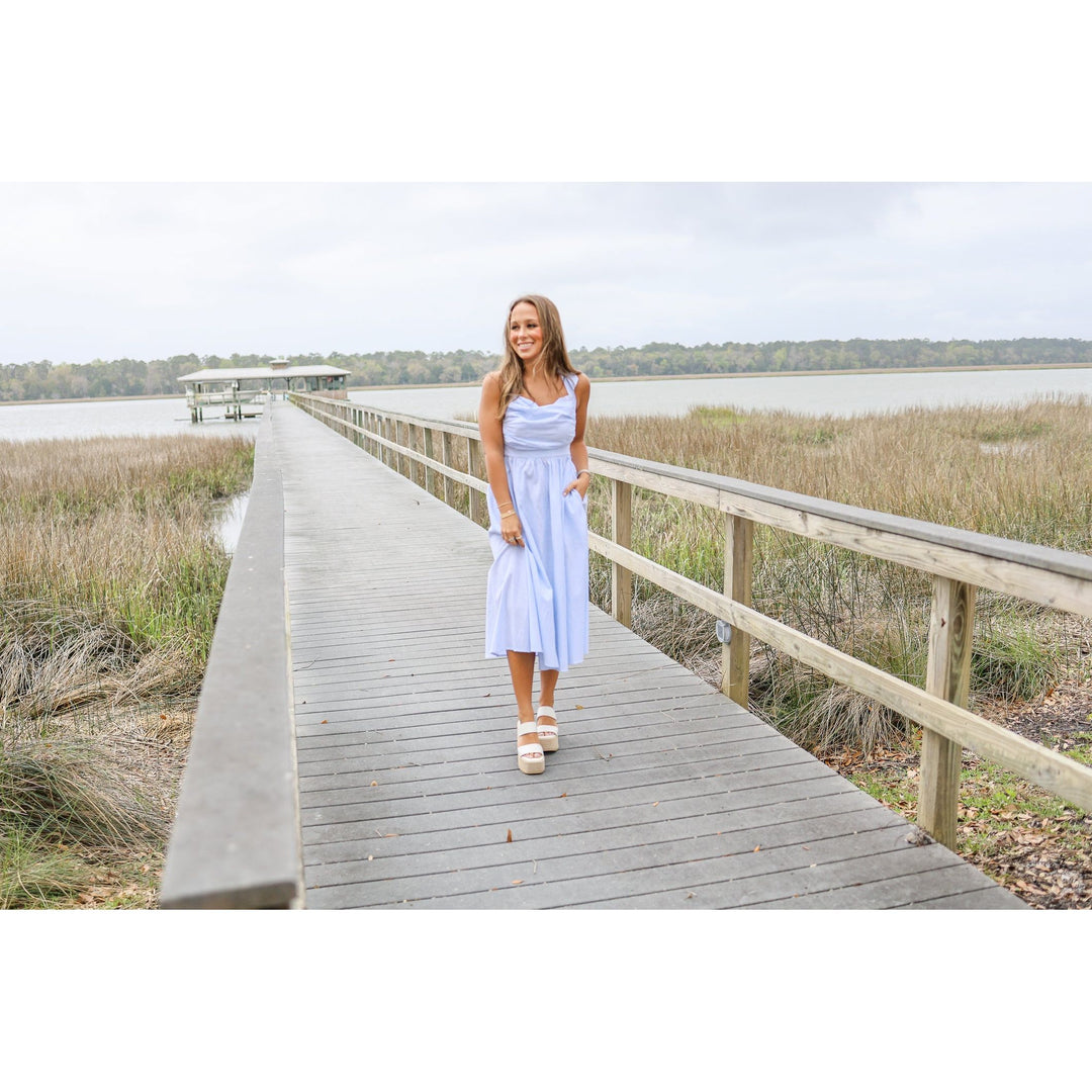 Arya Blue Halter Tie Back Midi Dress