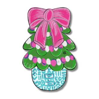Decorative Christmas tree with a pink bow on a white background