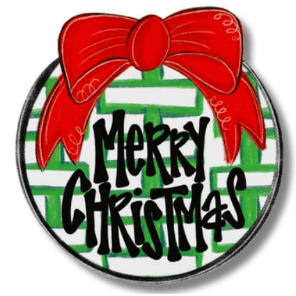 Circular Christmas mini with red bow and 'Merry Christmas' text on a green and white checkered background.
