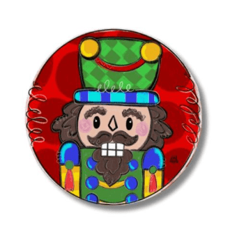 Colorful mini with a cartoonish nutcracker design on a red background