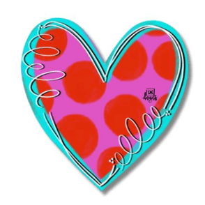 Heart-shaped mini with red polka dots and turquoise border on a white background