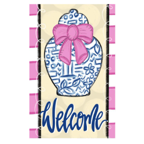 Decorative garden flag with a blue and white patterned vase, pink bow, and 'Welcome' text on a yellow background.