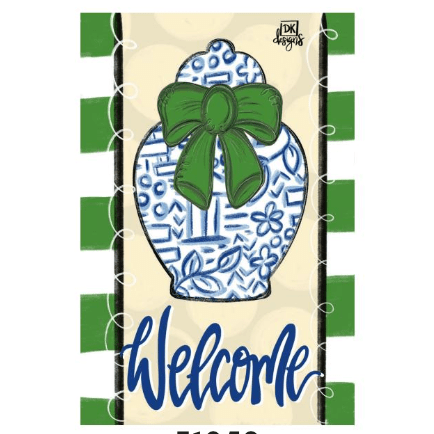 Decorative flag with a blue and white patterned vase, green bow, and 'Welcome' text on a green and white striped background.
