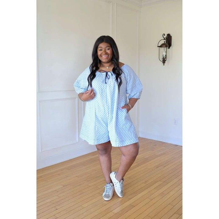 Laney Blue Seersucker Romper - Curvy
