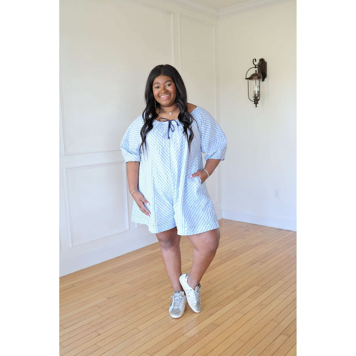 Laney Blue Seersucker Romper - Curvy