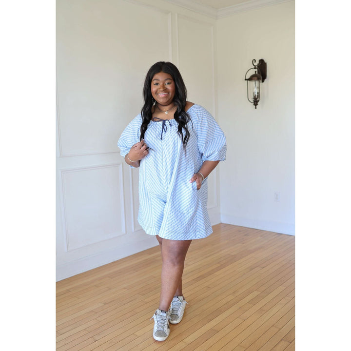 Laney Blue Seersucker Romper - Curvy
