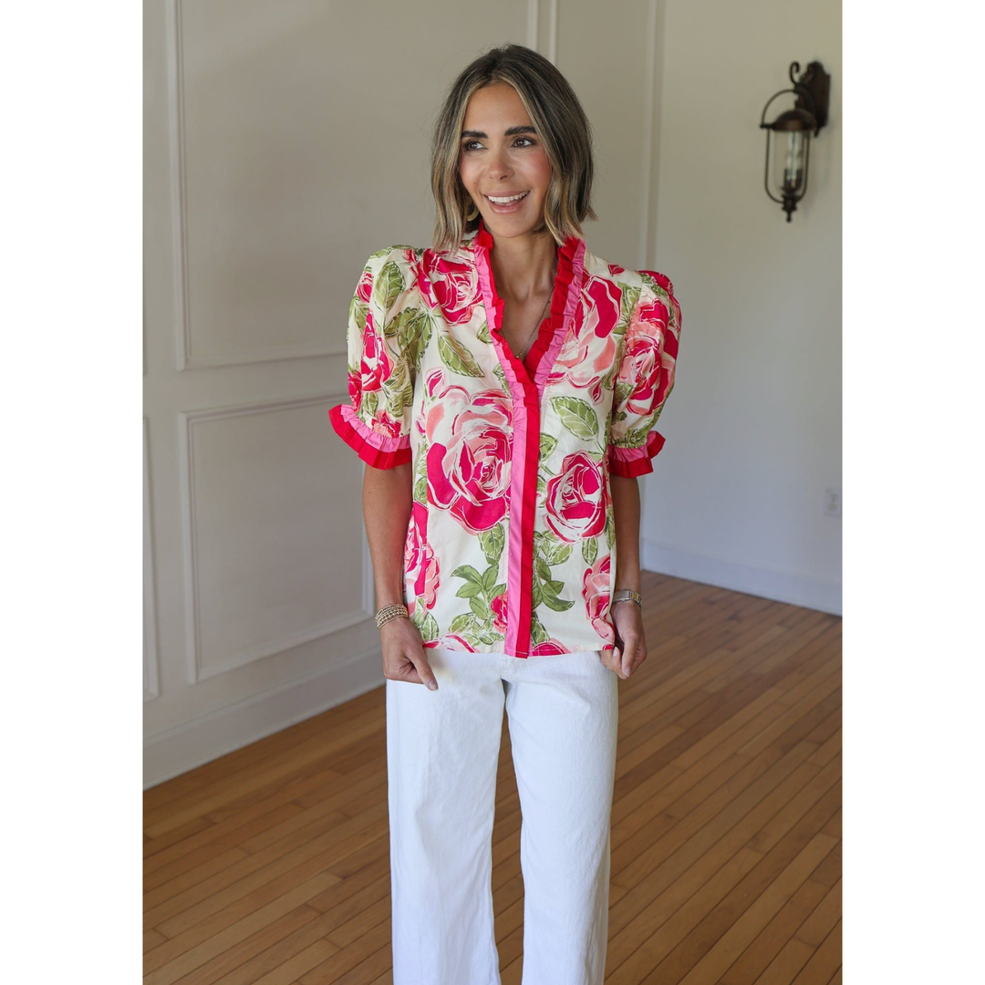 Kris Cream Pink Floral Top -Curvy