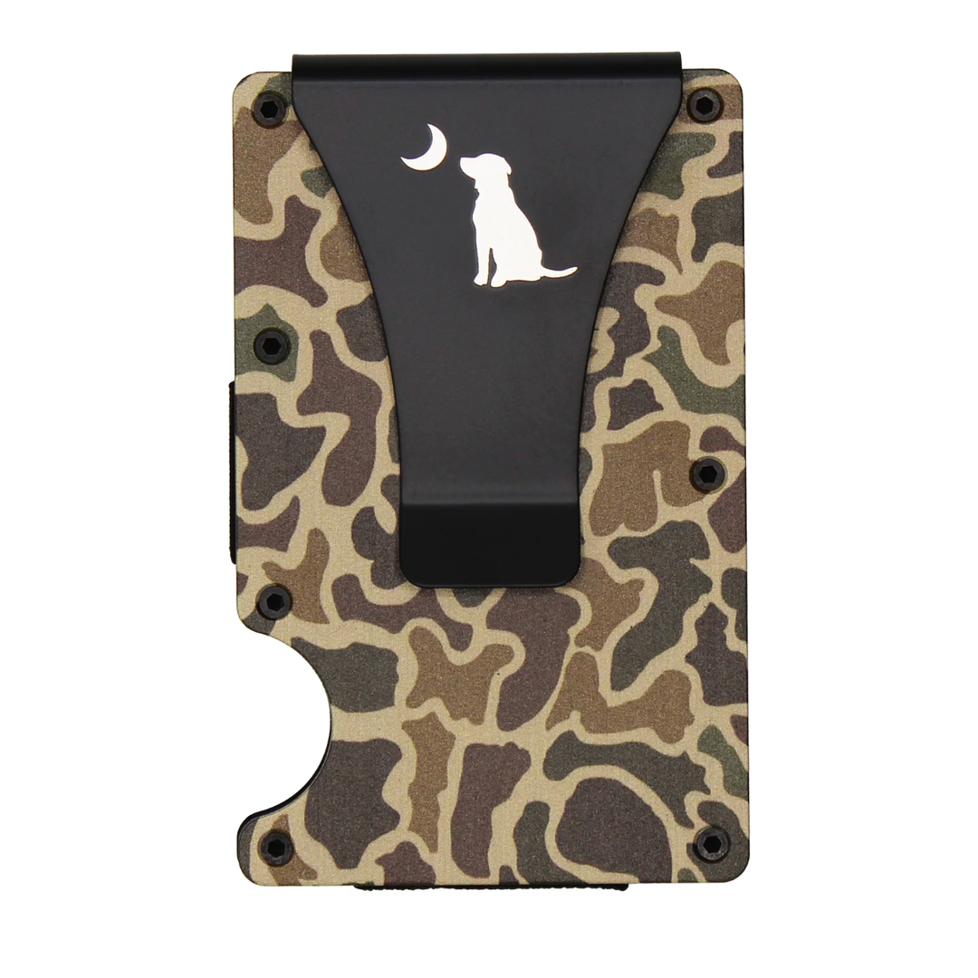 Camouflage-patterned money clip with a black accent and dog illustration on a white background