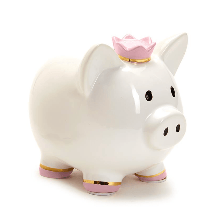 White piggy bank with a pink crown