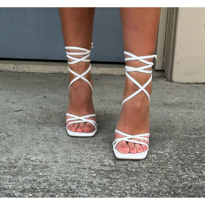 White Lace-Up Block Heel