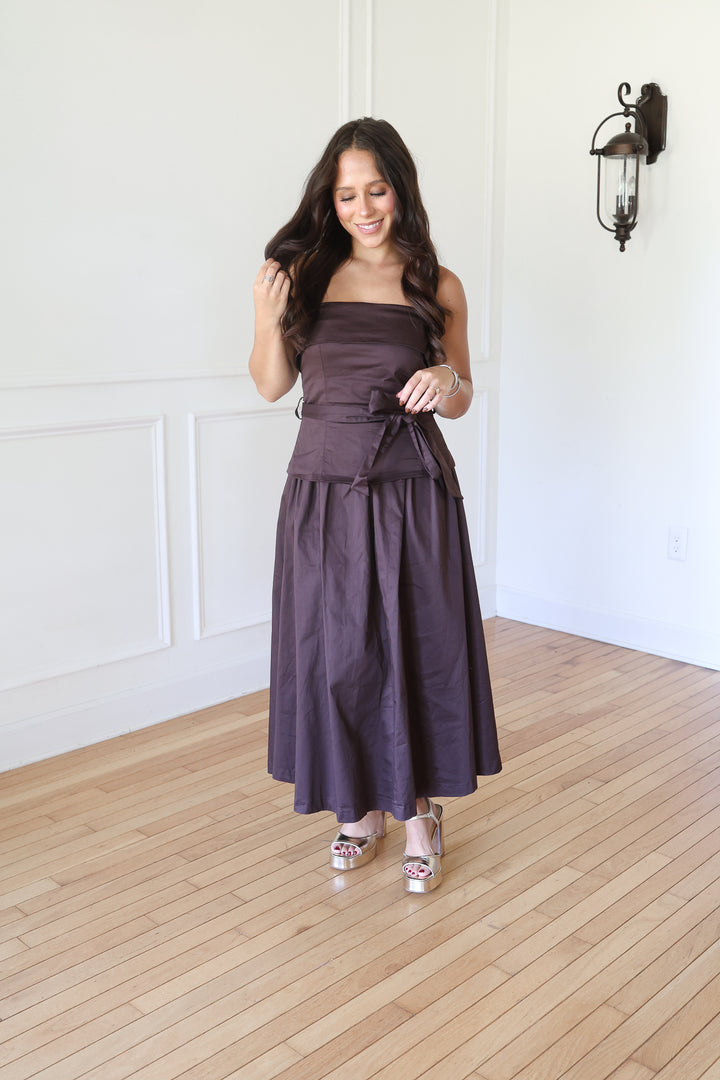 brown Strapless Midi Dress