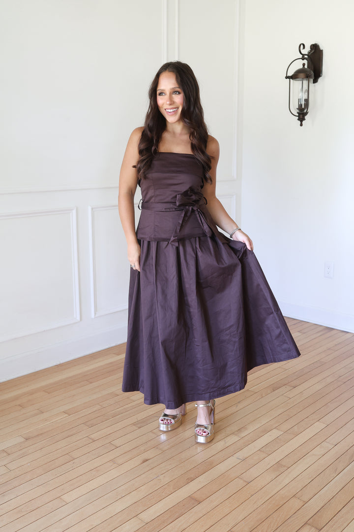 brown Strapless Midi Dress