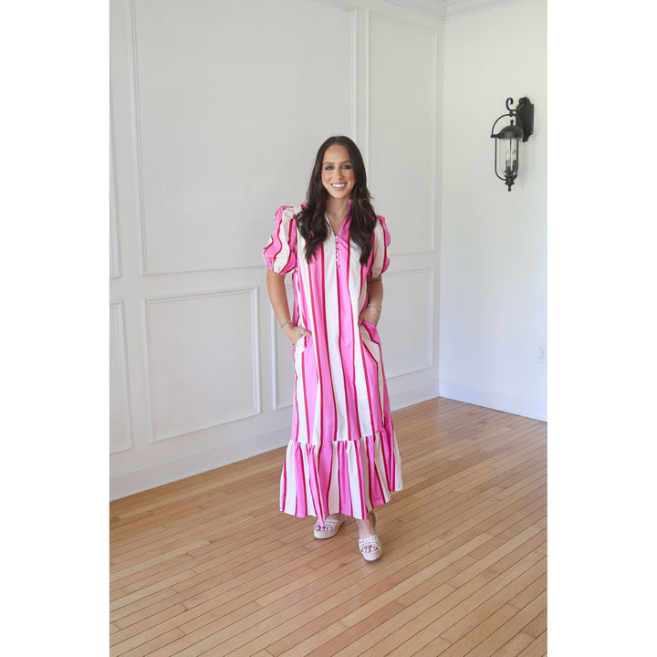 Adley Cream Pink Striped Midi Dress
