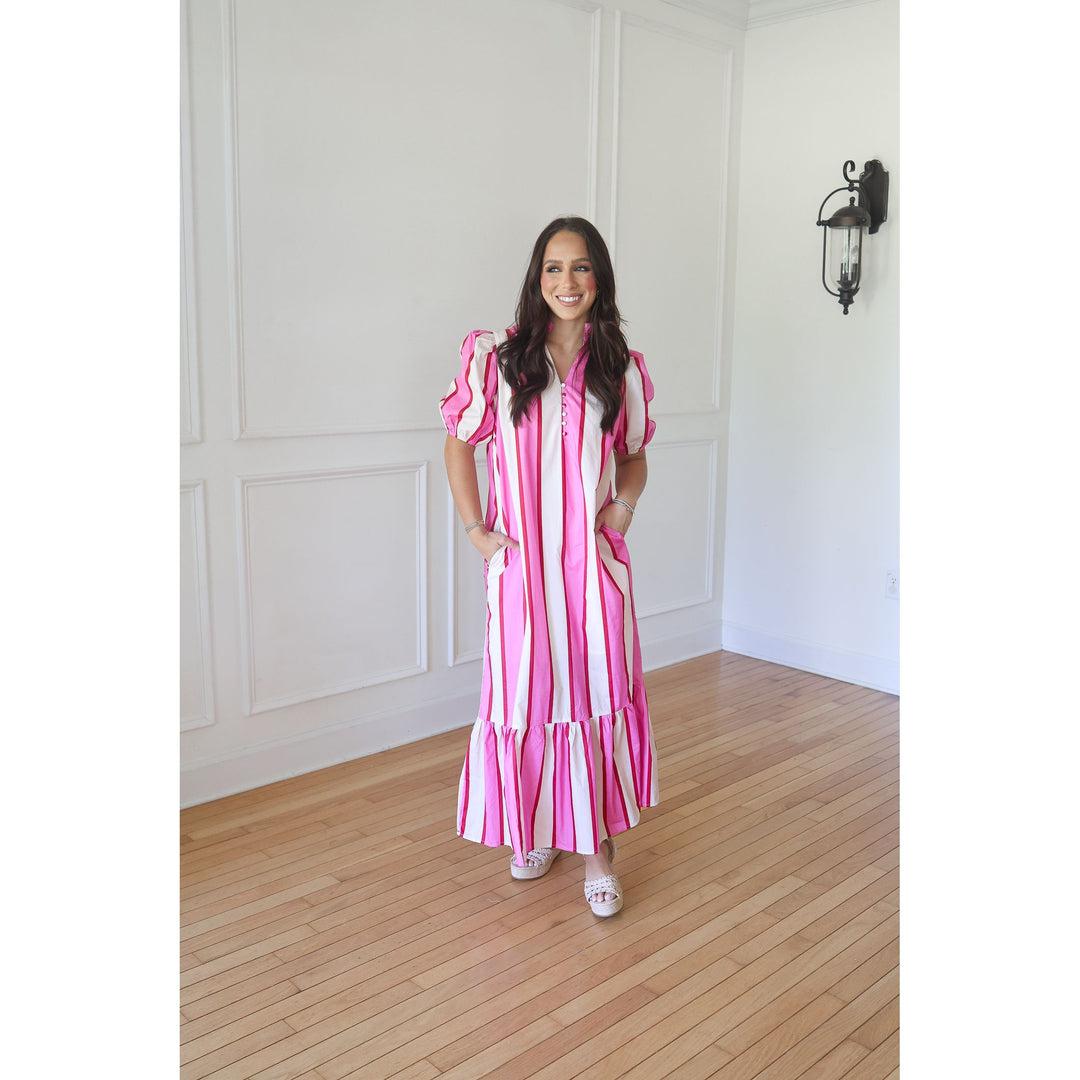 Adley Cream Pink Striped Midi Dress