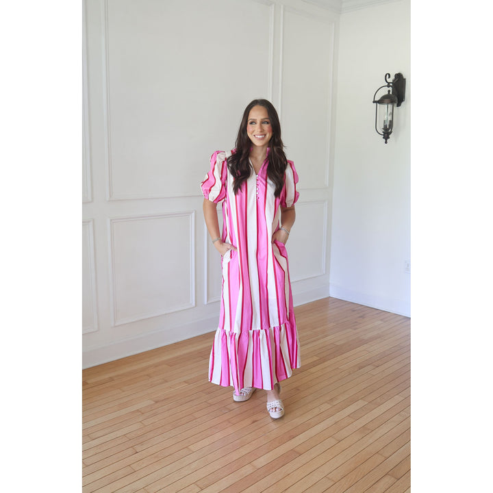 Adley Cream Pink Striped Midi Dress