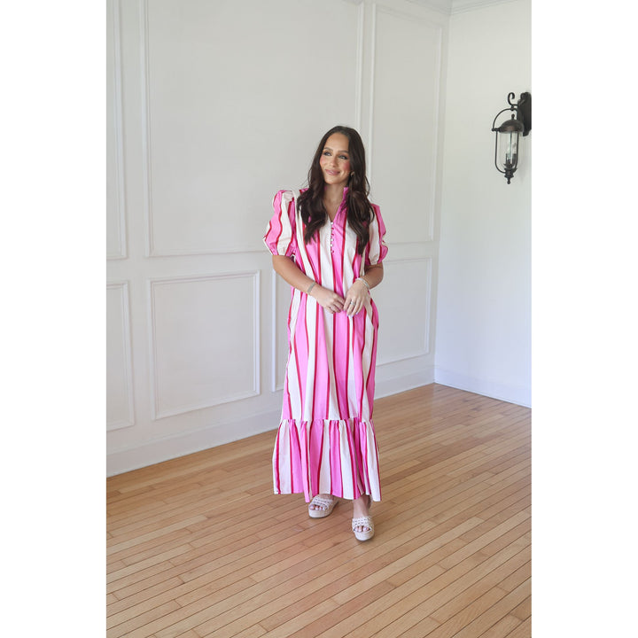 Adley Cream Pink Striped Midi Dress
