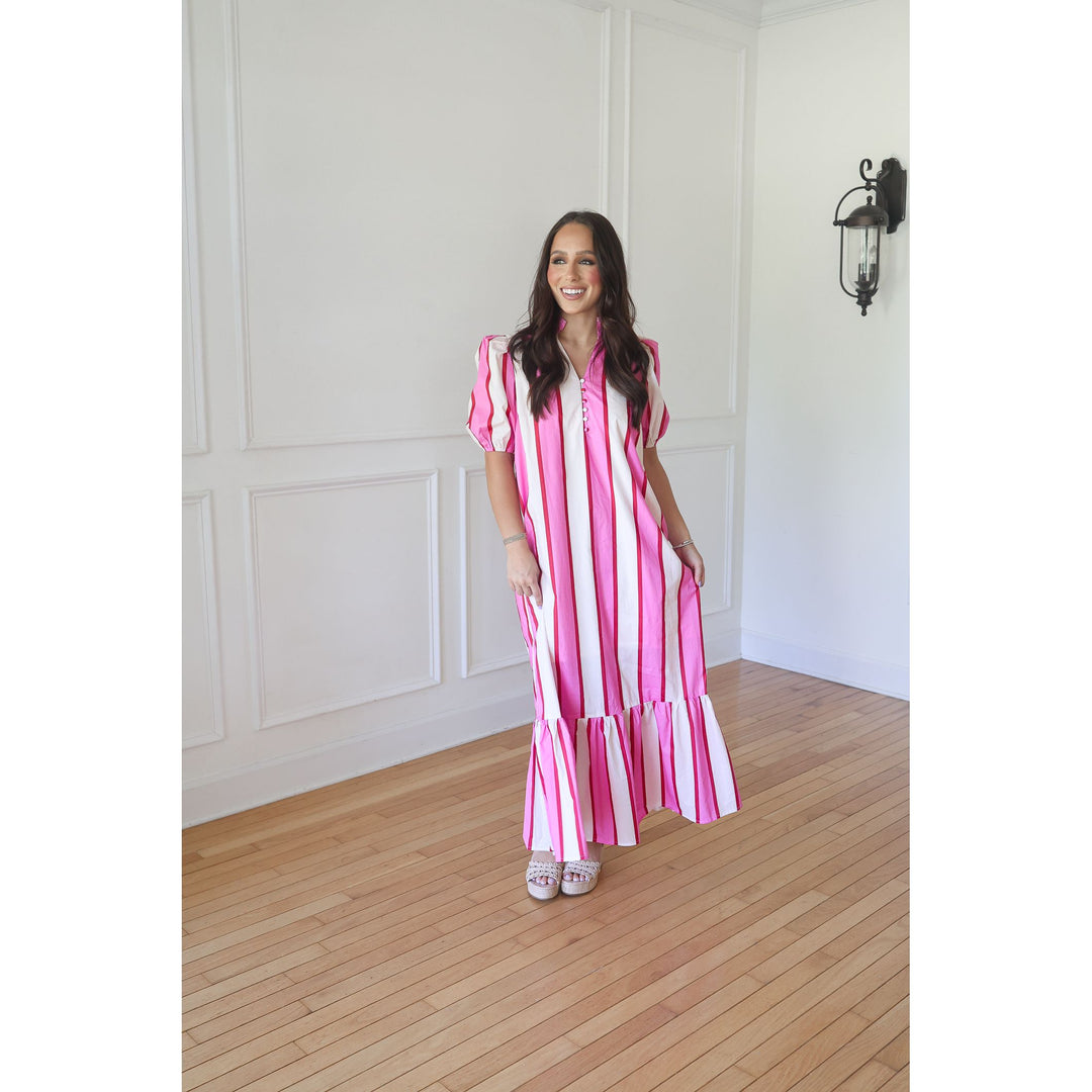 Adley Cream Pink Striped Midi Dress