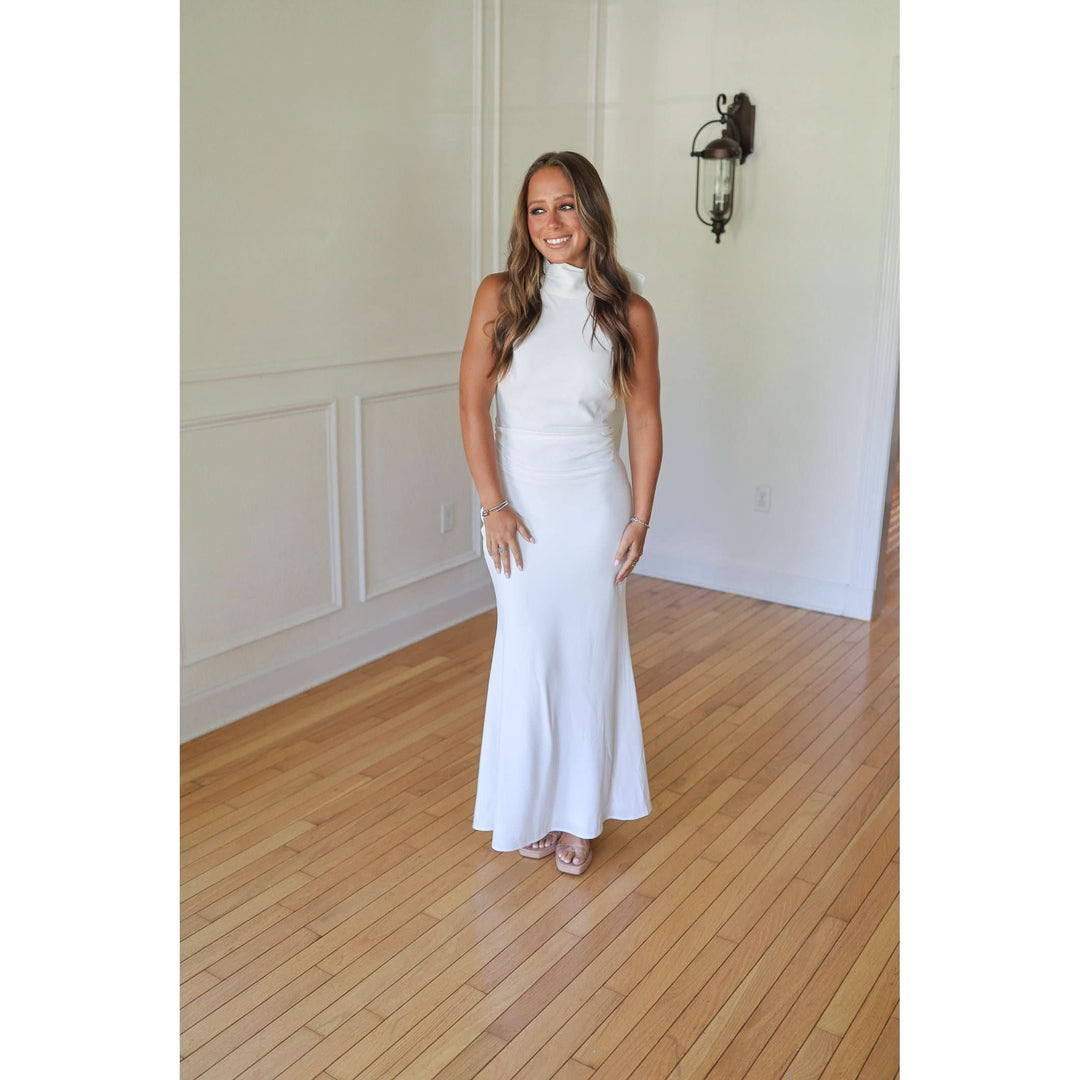 white midi dress with bow in back TFNC Bridal boat neck bow back cotton midi dress in ivory