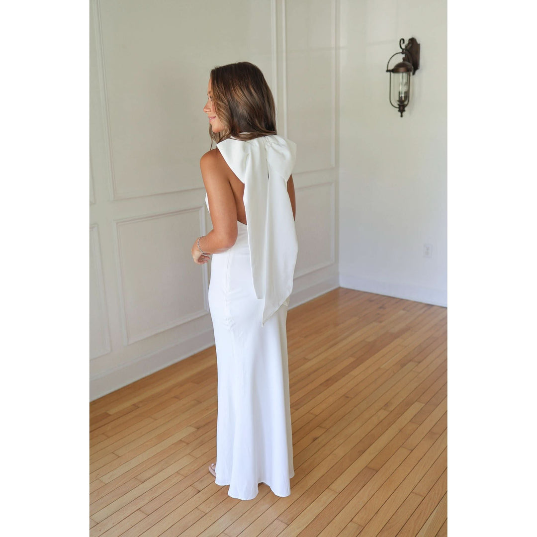 bow back dress white Adrian Bow Back Bias Midi Dress