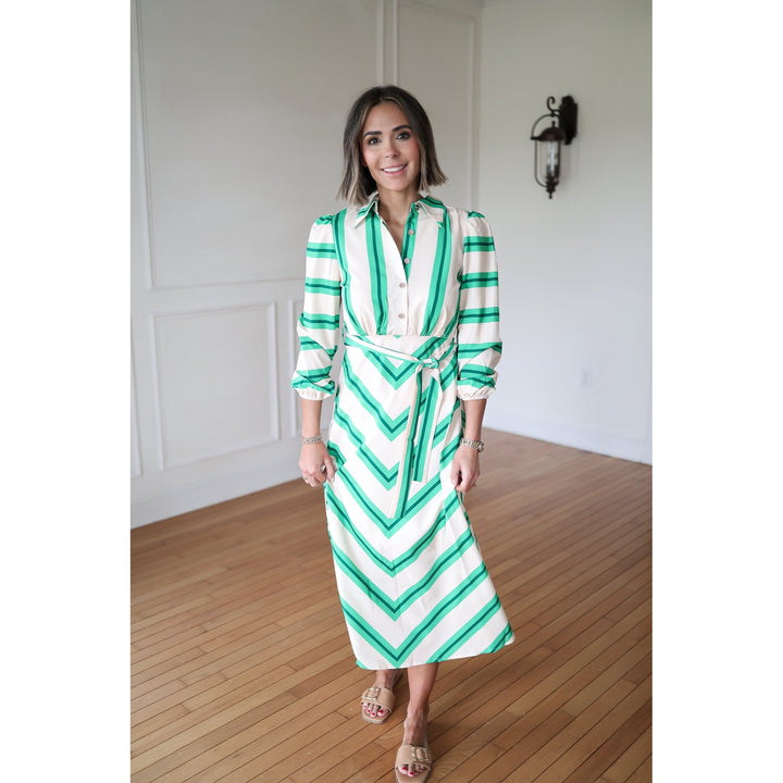 Aiden Belted Green Striped Shirt Dress