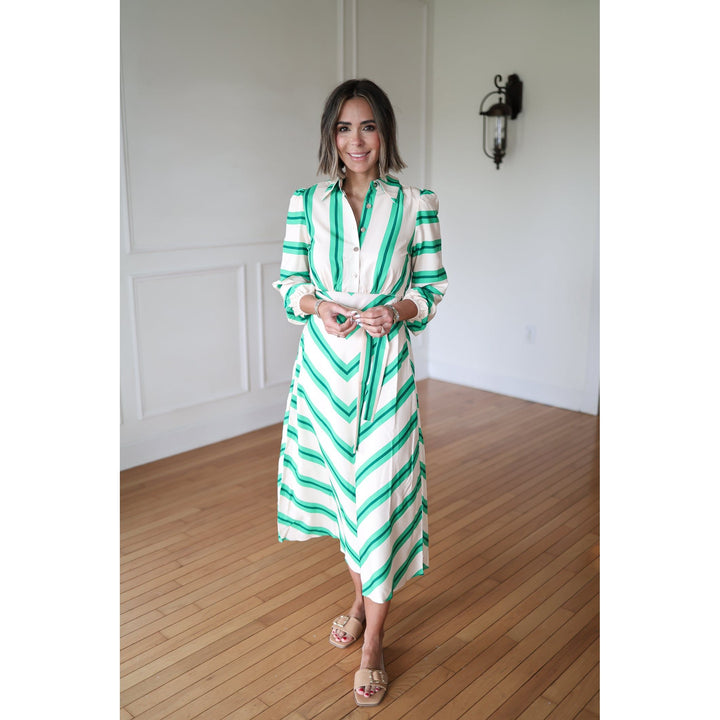 Aiden Belted Green Striped Shirt Dress
