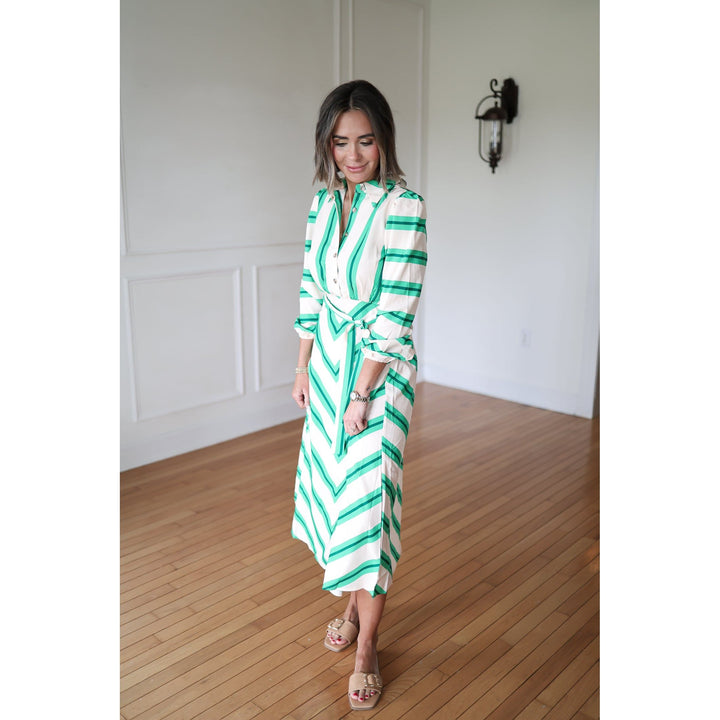 Aiden Belted Green Striped Shirt Dress