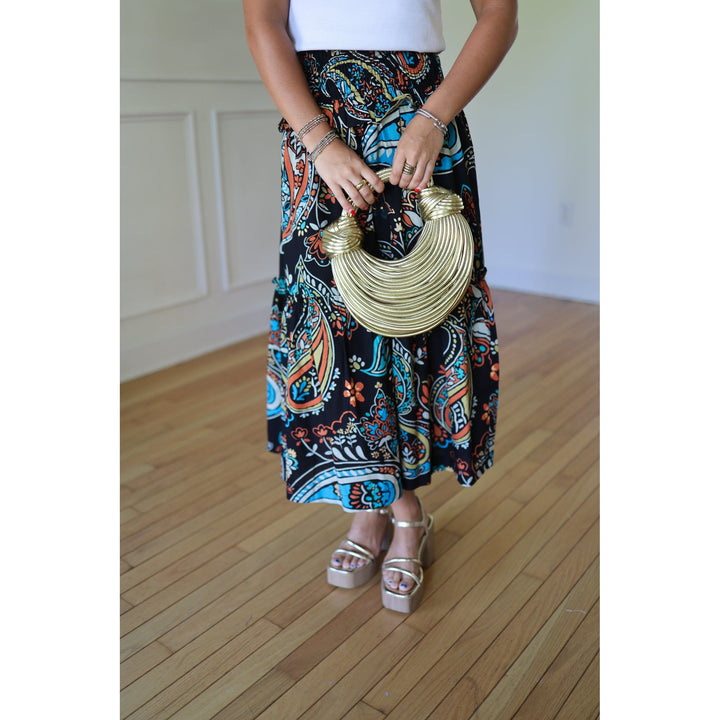 Anabell Black Paisley Print Midi Skirt