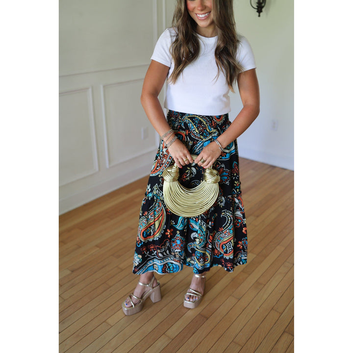 Anabell Black Paisley Print Midi Skirt