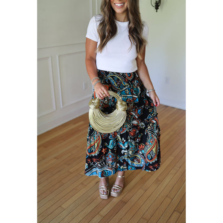 Anabell Black Paisley Print Midi Skirt