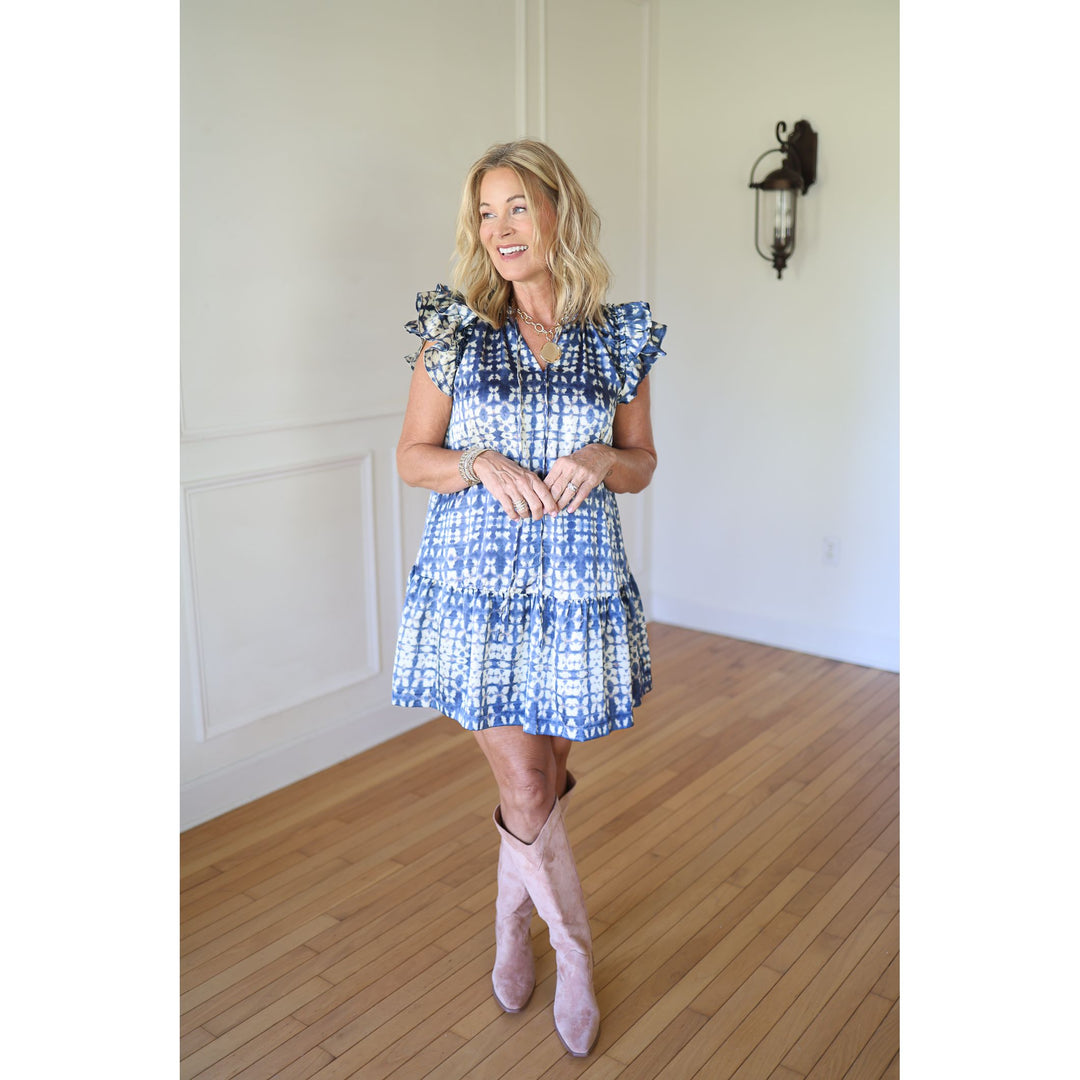 blue and ivory mini dress