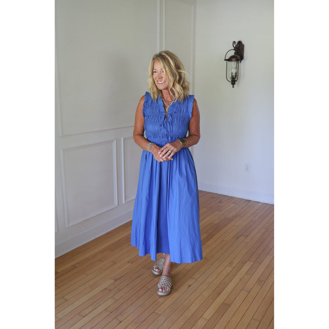 Woman wearing a blue dress 
