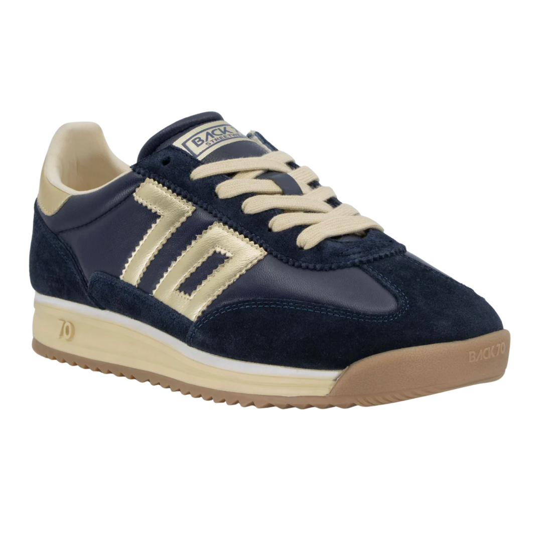 Navy blue sneaker with beige accents 