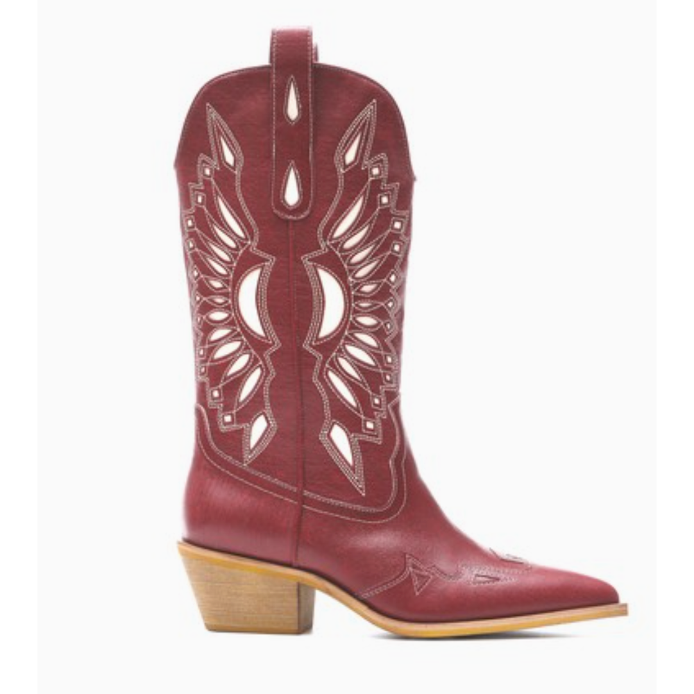 Red cowboy boot with intricate white stitching 