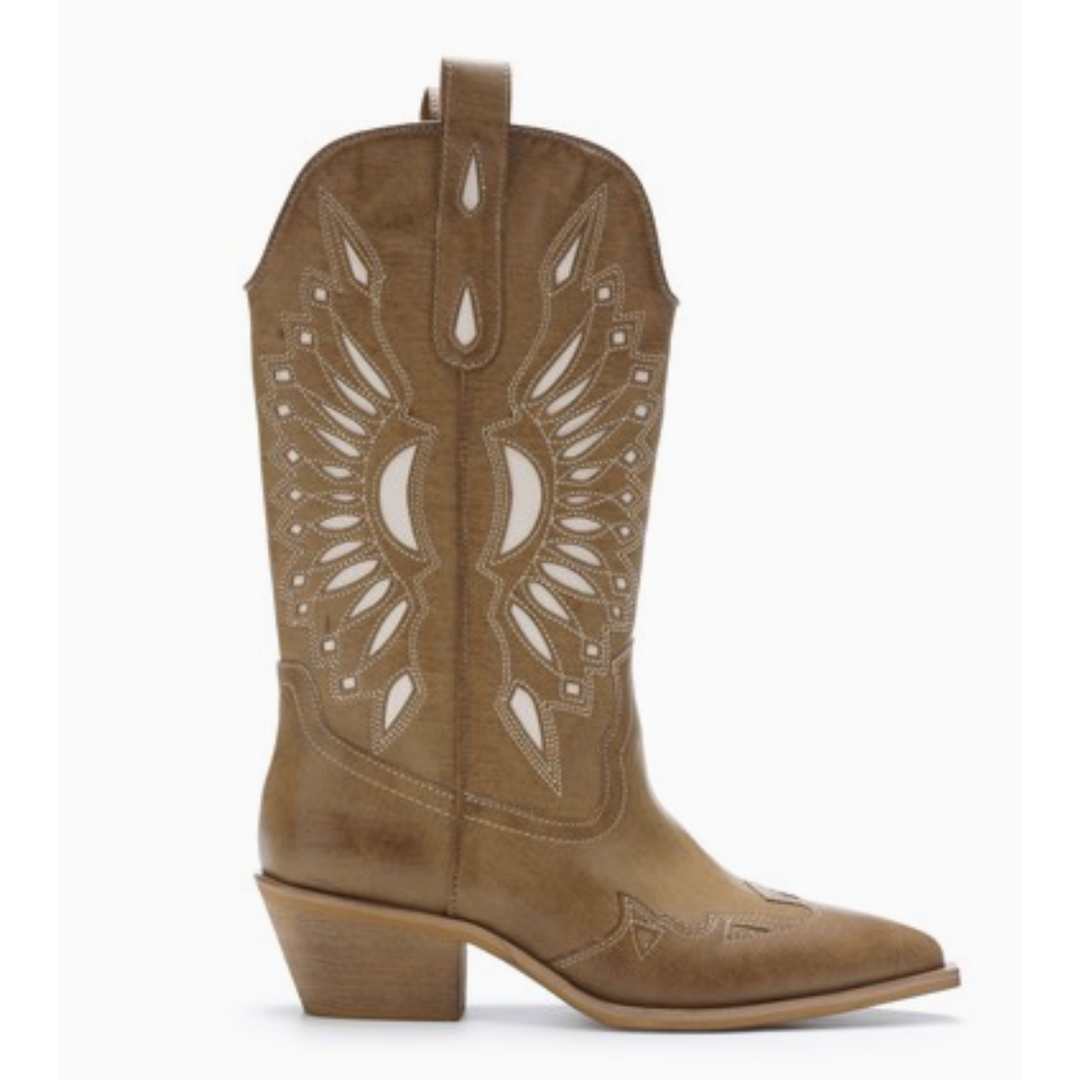 Brown cowboy boot with decorative cut-out design 