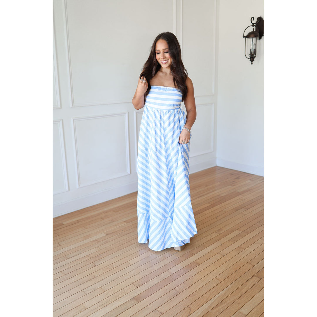 blue and white striped dress