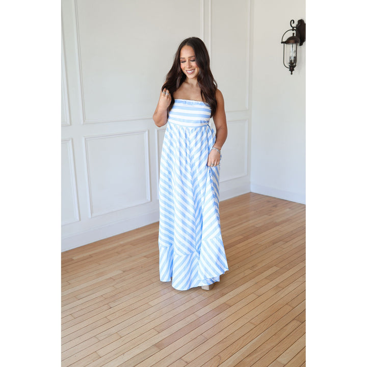 blue and white striped dress