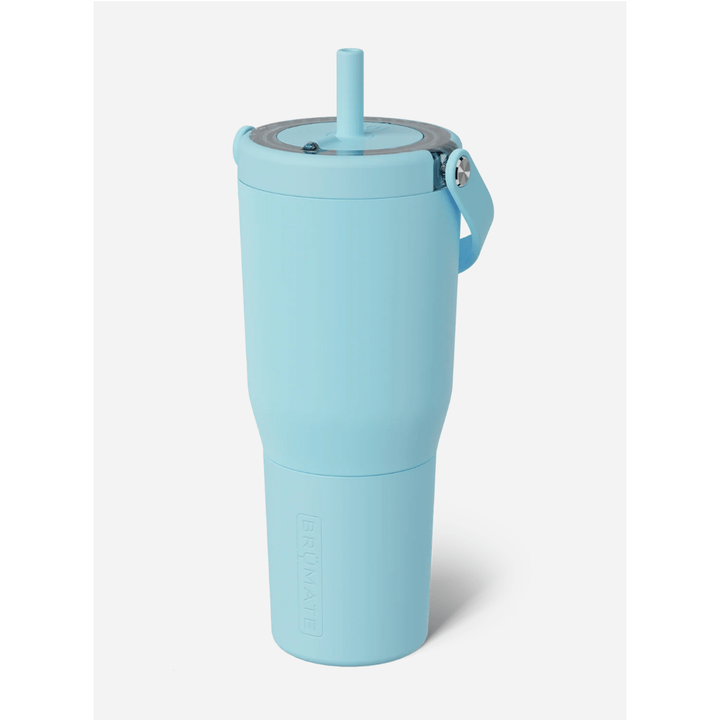 Light blue tumbler with a straw on a white background