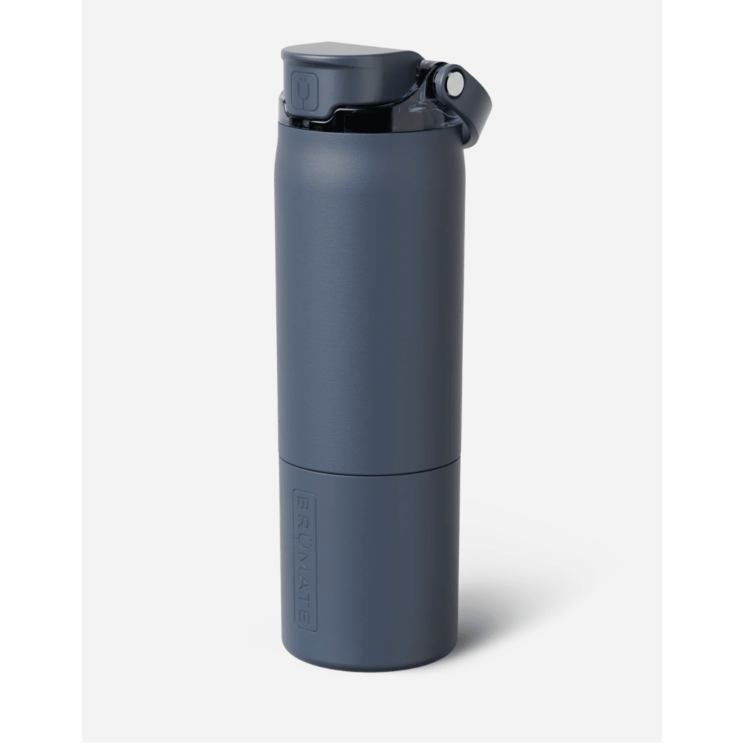 Dark blue travel mug with a lid on a white background