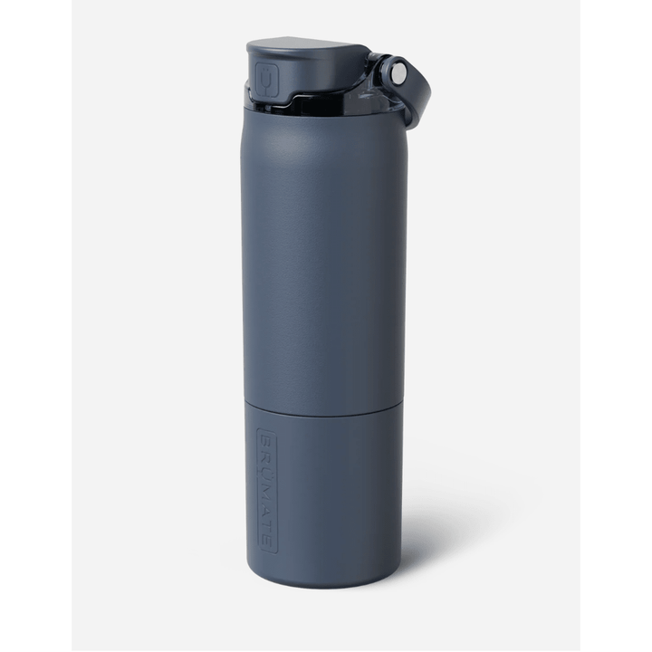 Dark blue travel mug with a lid on a white background