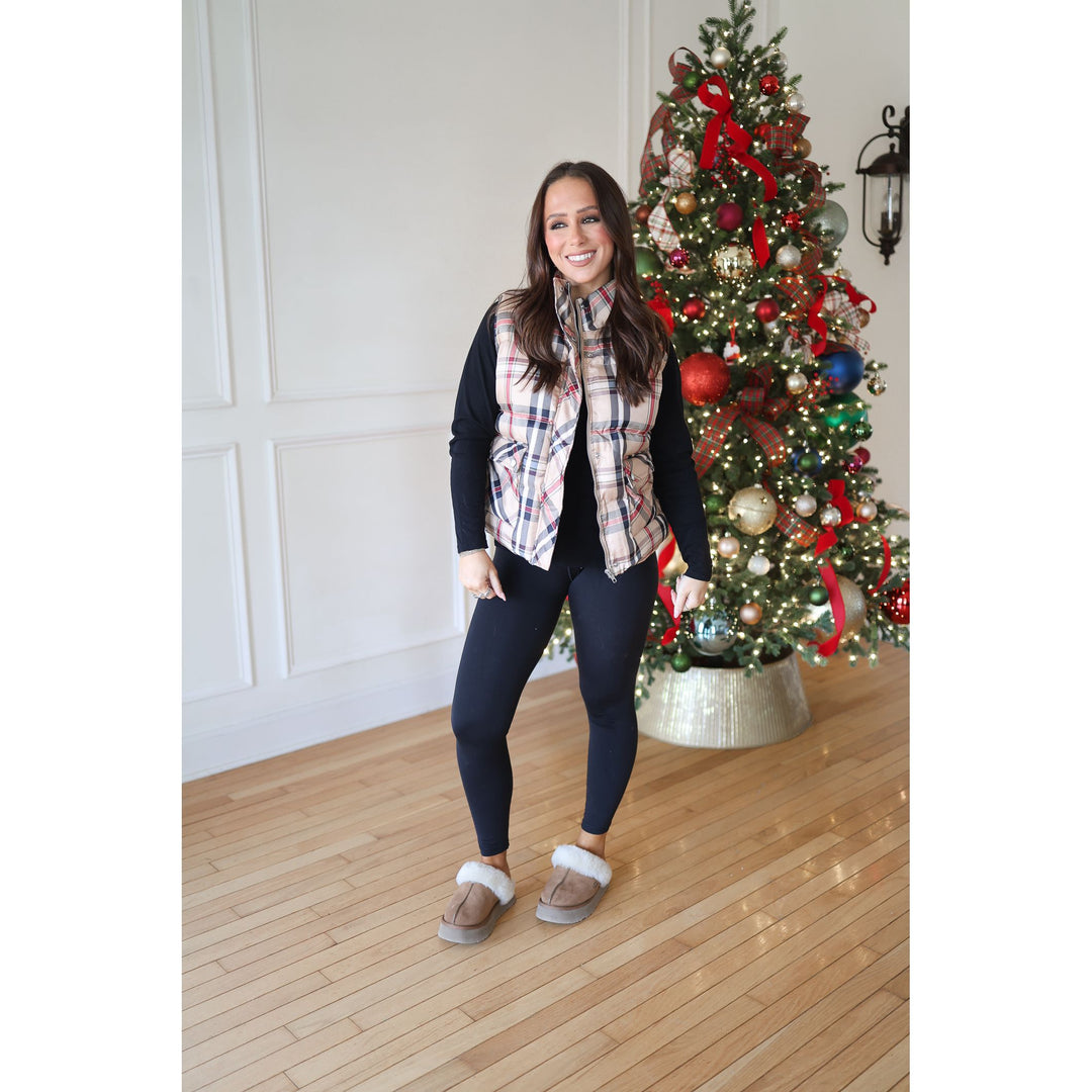 Blaise Taupe Plaid Puffy Vest
