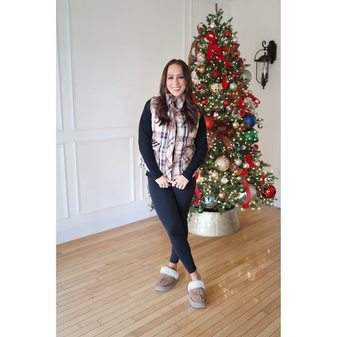 Blaise Taupe Plaid Puffy Vest