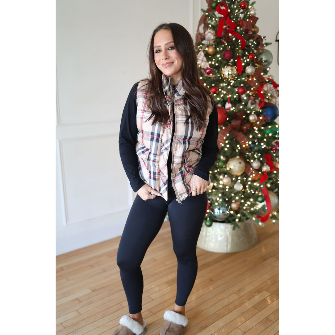 Blaise Taupe Plaid Puffy Vest