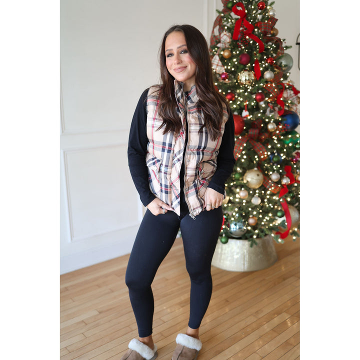 Blaise Taupe Plaid Puffy Vest