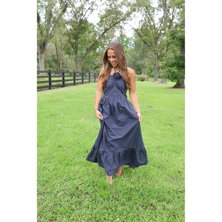 Woman in a navy blue dress 