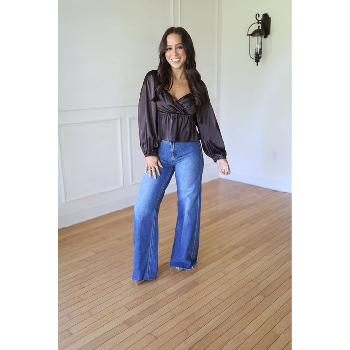 Lindy Ruched Satin Babydoll Blouse