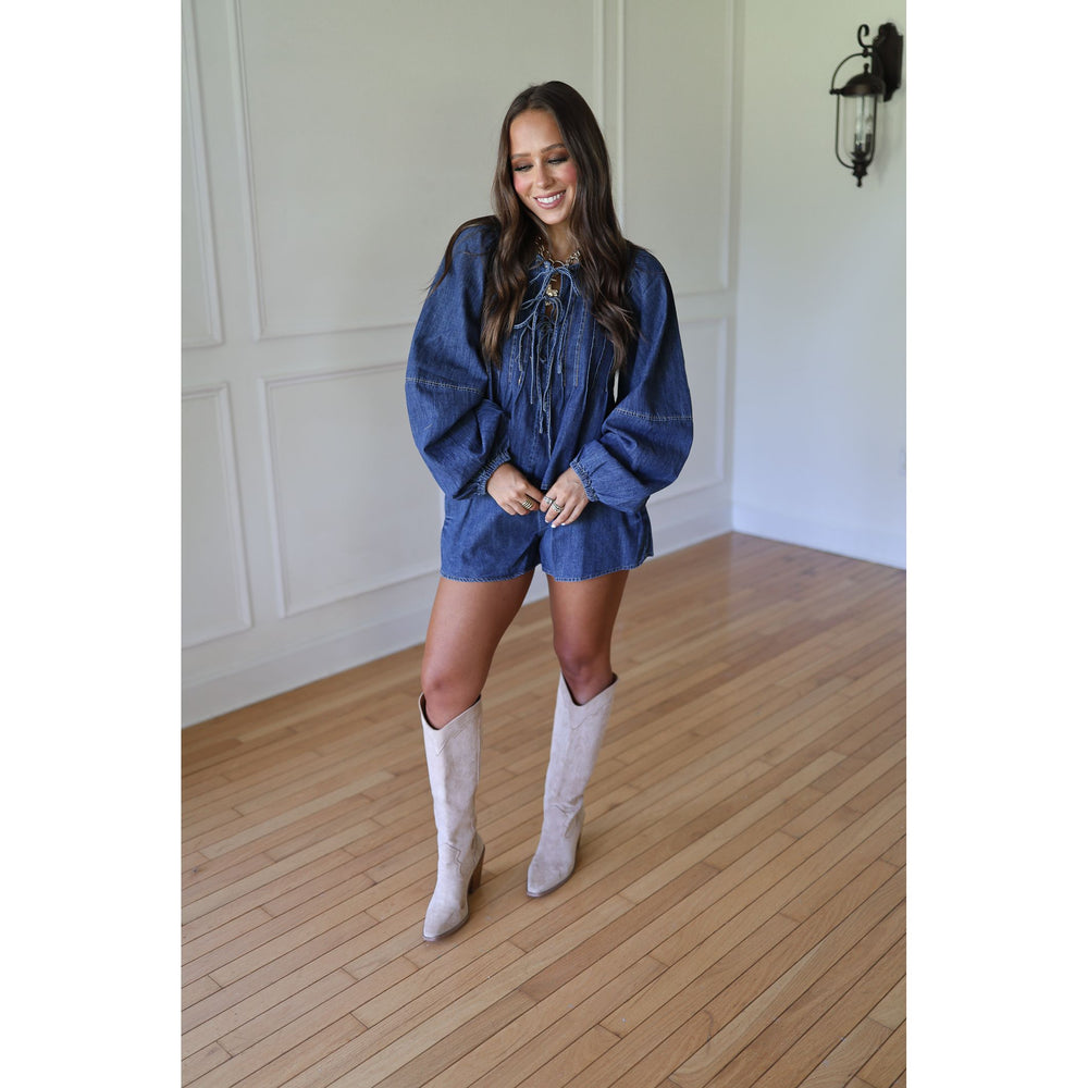 Woman wearing a blue denim outfit 
