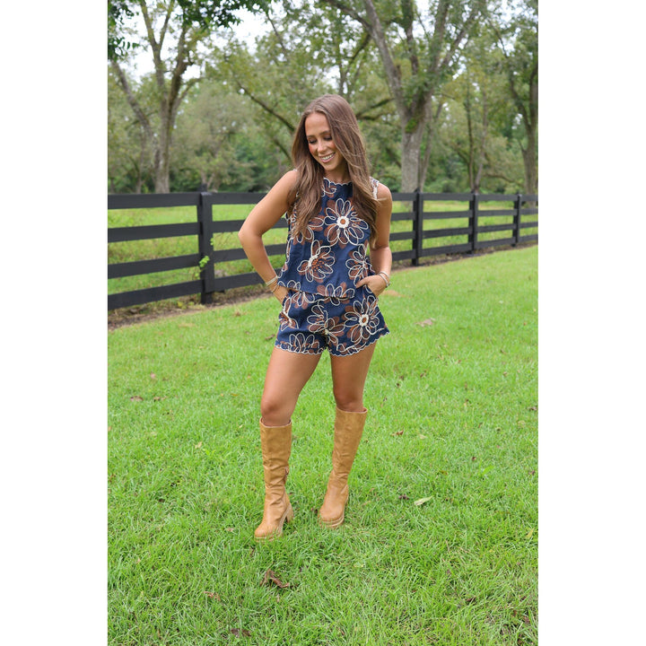 Navy Jaquard Shorts Set