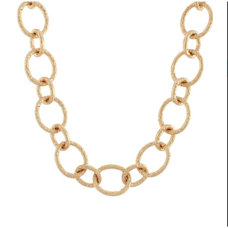 A gold chain necklace featuring textured, open oval links.