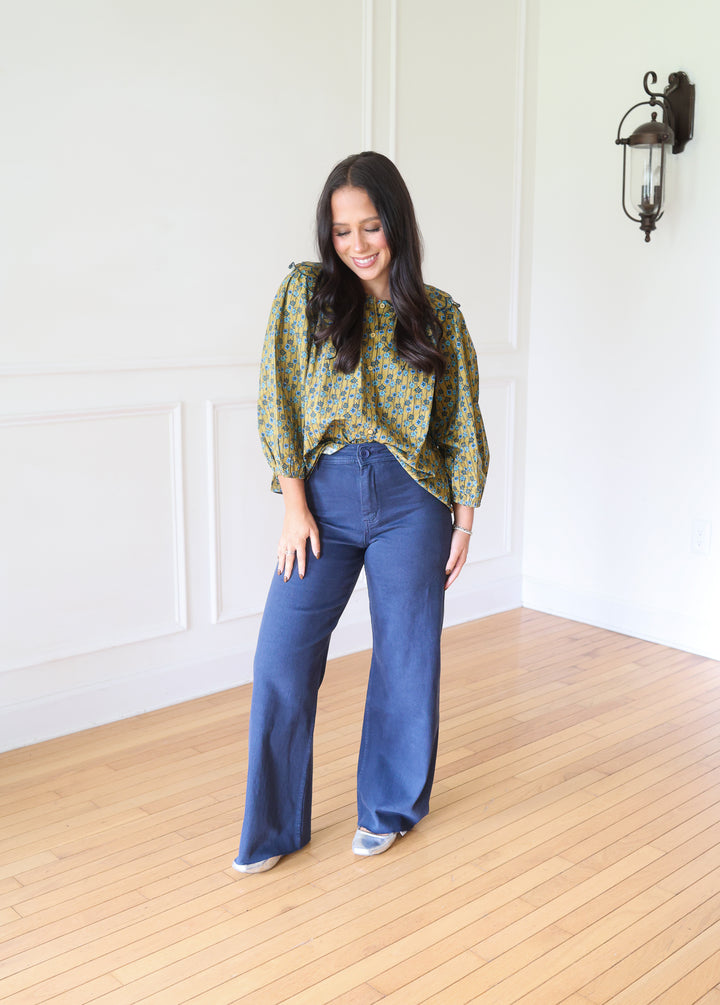 Claire Straight Wide Leg Denim Pants -Navy