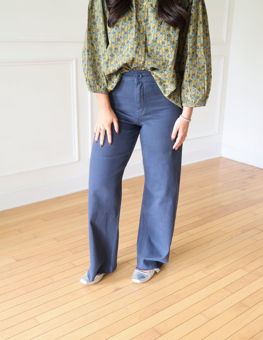 Claire Straight Wide Leg Denim Pants -Navy